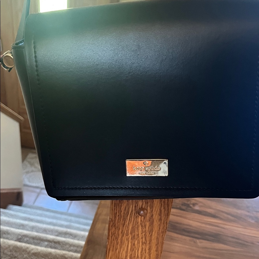 kate spade Black Leather Messenger with Gold Logo Plate